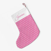 Schattigee Chic Naam Roze en Witte Polka Dot Kleine Kerstsok (Achterkant (Hangend))