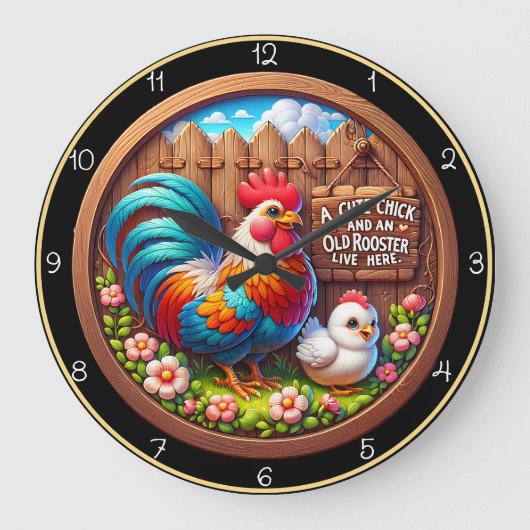 Schattigee chick en oude haan. grote klok (Voorkant)