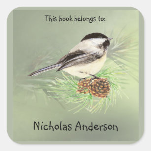 Schattigee Chickadee Bird & Pine Natuur Art Bookpl Vierkante Sticker