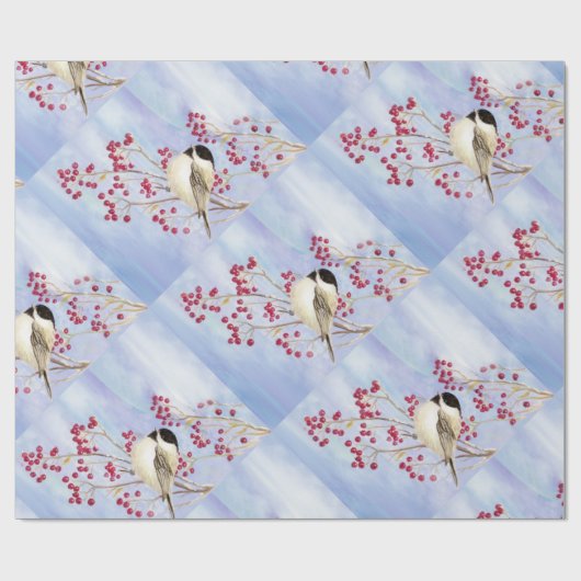 Schattigee Chickadee met bessen Waterverf Vogelkun Cadeaupapier (Vlak)