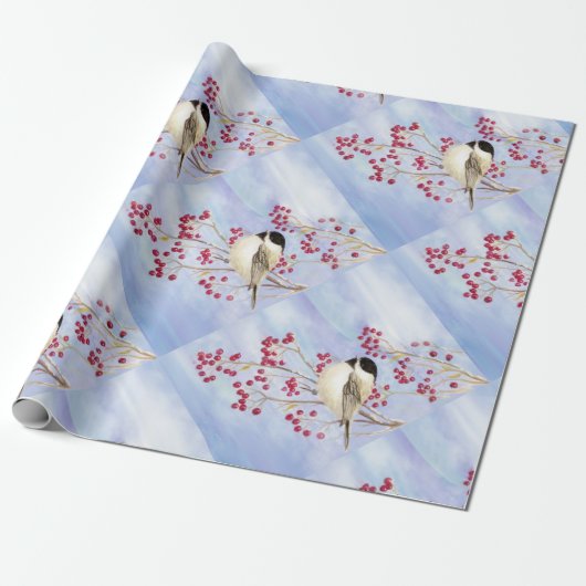 Schattigee Chickadee met bessen Waterverf Vogelkun Cadeaupapier (Uitgerold)