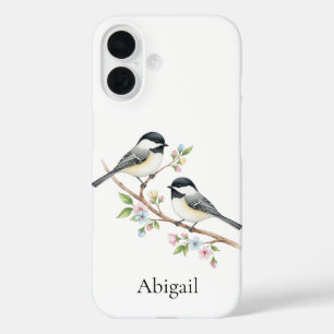 Schattigee Chickadee op Flower Branch Custom Name iPhone 16 Hoesje