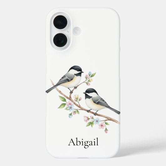 Schattigee Chickadee op Flower Branch Custom Name Case-Mate iPhone Case (Achterkant)