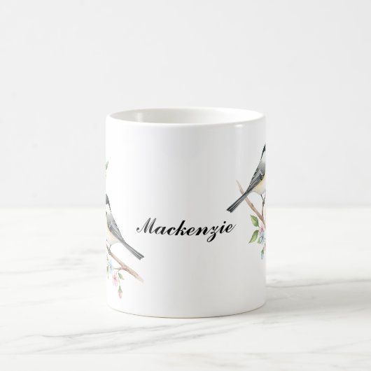 Schattigee chickadees op Floral Branch Custom Name Koffiemok (Center)