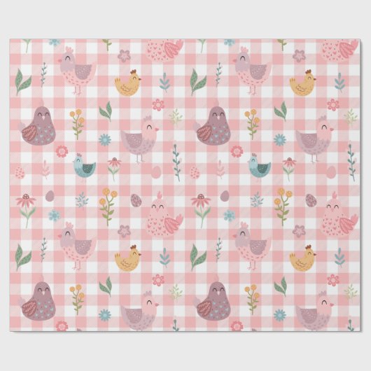 Schattigee Chicken Peach Gingham Wrapping Paper Cadeaupapier (Vlak)