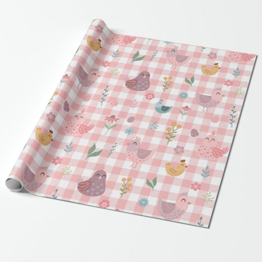 Schattigee Chicken Peach Gingham Wrapping Paper Cadeaupapier (Uitgerold)
