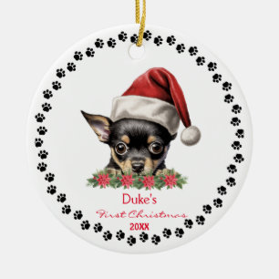 Schattigee Chihuahua Hondenpoot Santa Hat 1e Kerst Keramisch Ornament