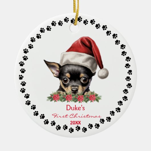 Schattigee Chihuahua Hondenpoot Santa Hat 1e Kerst Keramisch Ornament (Voorkant)