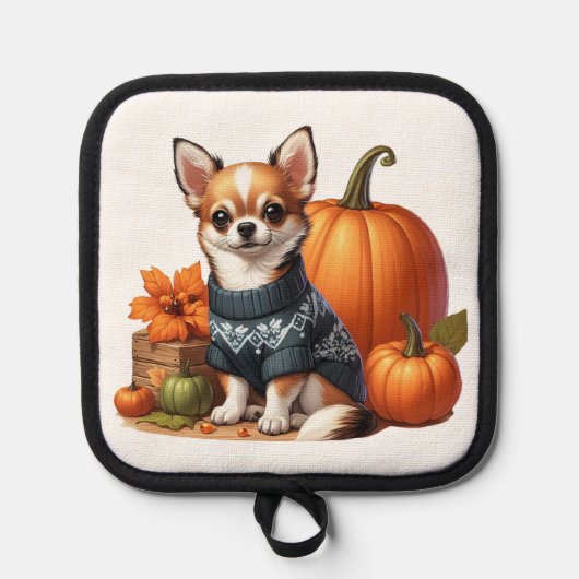 Schattigee Chihuahua in Trui met Pompoenen Pannenlap (Voorkant)