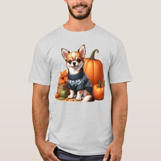 Schattigee Chihuahua in Trui met Pompoenen T-shirt (Voorkant)