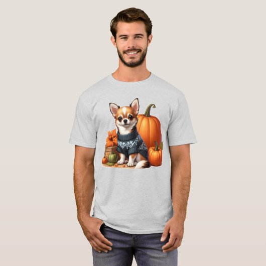 Schattigee Chihuahua in Trui met Pompoenen T-shirt (Voorkant volledig)