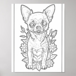 Schattigee Chihuahua met Bloemen Kleurplaat Poster