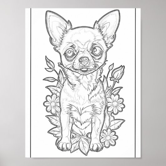 Schattigee Chihuahua met Bloemen Kleurplaat Poster (Voorkant)