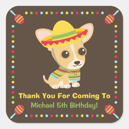 Schattigee Chihuahua Mexicaans Kinder Fiesta Party Vierkante Sticker (Voorkant)