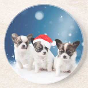 Schattigee Chihuahua Puppies met Santa Hat Christm Zandsteen Onderzetter