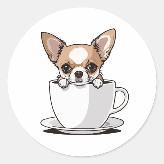 Schattigee chihuahua zittend in het kopje koffie ronde sticker (Voorkant)