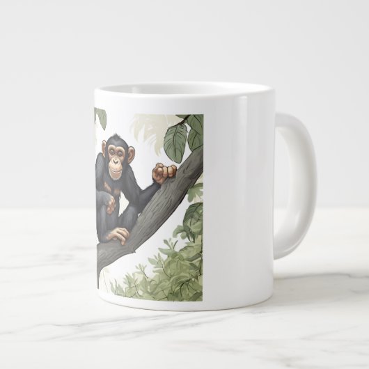 Schattigee chimpansee op de tak begroet grote koffiekop (Voorkant rechts)