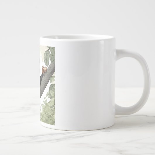 Schattigee chimpansee op de tak begroet grote koffiekop (Rechts)