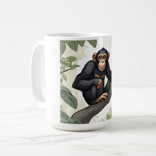 Schattigee chimpansee op de tak begroet koffiemok (Voorkant links)