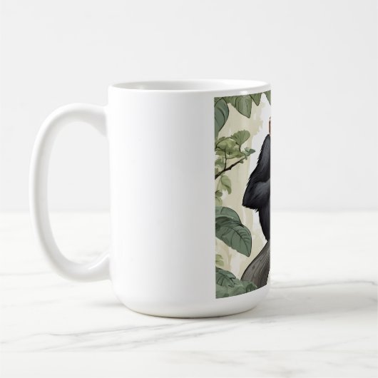 Schattigee chimpansee op de tak begroet koffiemok (Links)