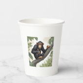 Schattigee chimpansee op de tak begroet papieren bekers (Voorkant)