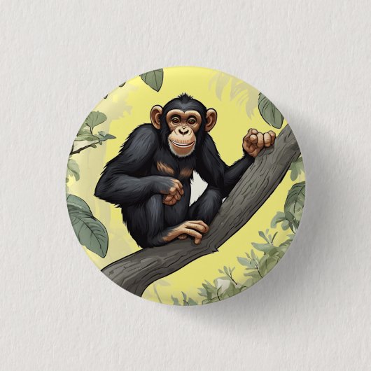 Schattigee chimpansee op de tak begroet ronde button 3,2 cm (Voorkant)