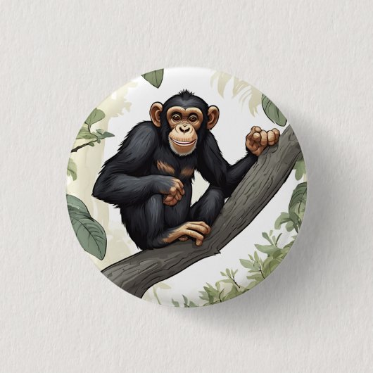 Schattigee chimpansee op de tak begroet ronde button 3,2 cm (Voorkant)