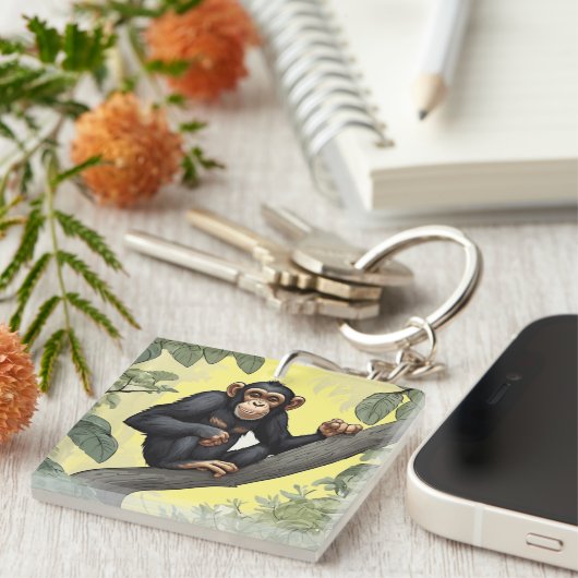 Schattigee chimpansee op de tak begroet sleutelhanger (Voorkant Rechts)