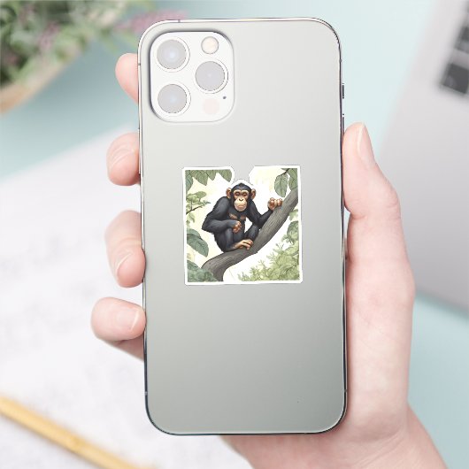 Schattigee chimpansee op de tak begroet sticker (Telefoon)