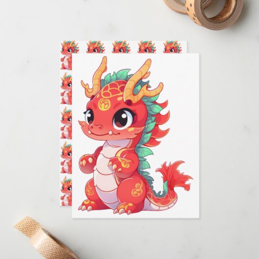 Schattigee Chinese draak Notitiekaartje (Voorkant / Achterkant in situ)