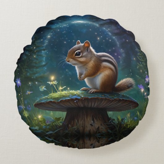 Schattigee Chipmunk op Mushroom in Moonlight Rond Kussen (Voorkant)