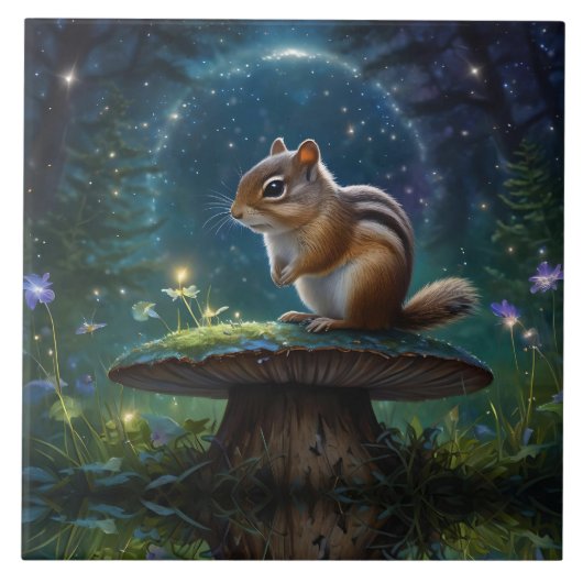 Schattigee Chipmunk op Mushroom in Moonlight Tegeltje (Voorkant)