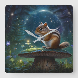 Schattigee Chipmunk op Mushroom in Moonlight Vierkante Klok
