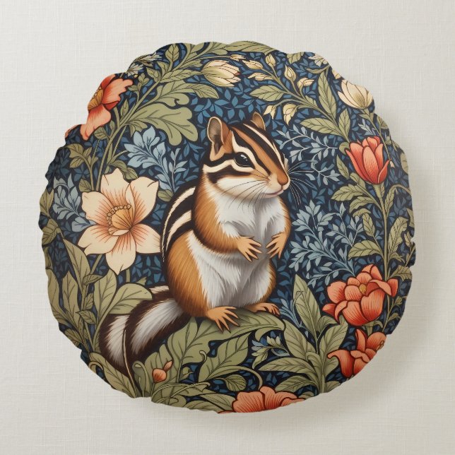 Schattigee Chipmunk William Morris Geïnspireerd Bl Rond Kussen (Voorkant)
