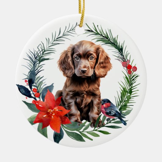 Schattigee Chocolade Cocker Spaniel Puppy Poinsett Keramisch Ornament (Voorkant)