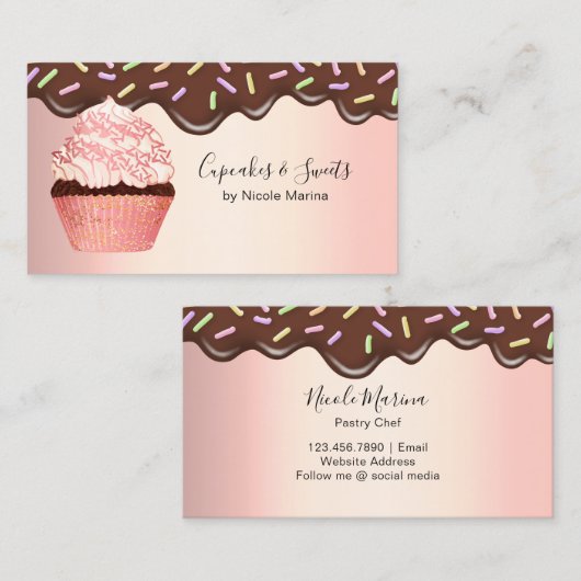 Schattigee chocolade druppels roze cupcake bakkeri visitekaartje (Voorkant / Achterkant)