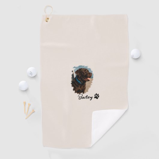 Schattigee Chocolade Labrador Hond – Bailey | Kado Golfhanddoek (Insitu)