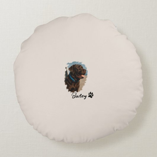 Schattigee Chocolade Labrador Hond – Bailey | Kado Rond Kussen (Achterkant)