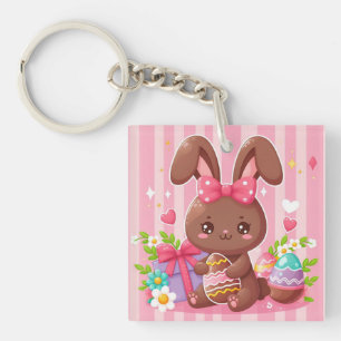 Schattigee chocolade paashaas met roze strepen sleutelhanger