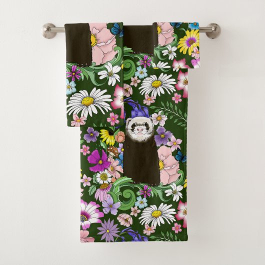Schattigee Chocolade Sable Ferret Bloemen Groen Bad Handdoek (Insitu)