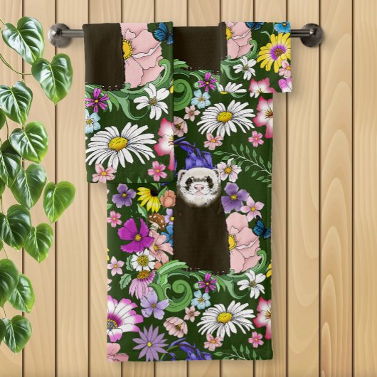 Schattigee Chocolade Sable Ferret Bloemen Groen Bad Handdoek
