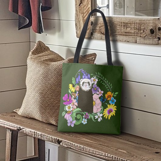 Schattigee Chocolade Sable Ferret Bloemen Groen Tote Bag