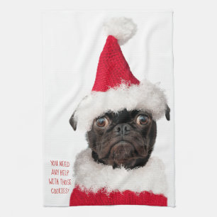Schattigee Christmas Black Pug Puppy Santa Helper Theedoek