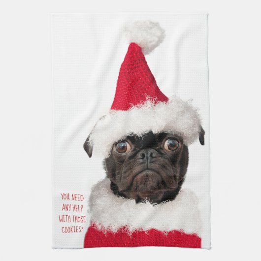 Schattigee Christmas Black Pug Puppy Santa Helper Theedoek (Verticaal)