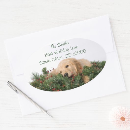 Schattigee Christmas Dog Adresetiketten Ovale Sticker (Envelop)