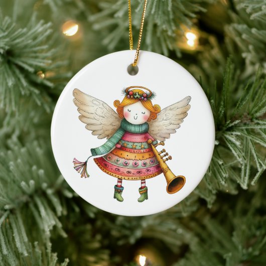 Schattigee Christmas Folk Art Angel Keramisch Ornament (Boom)