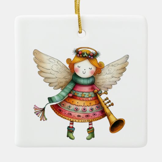 Schattigee Christmas Folk Art Angel Keramisch Ornament (Voorkant)
