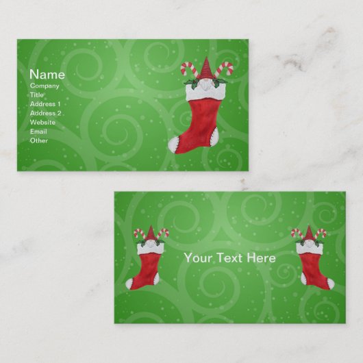 Schattigee Christmas Gnome in Stocking Candy Canes Visitekaartje (Voorkant / Achterkant)