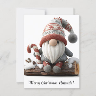 Schattigee Christmas Gnome met een snoepriet op ee Briefkaart