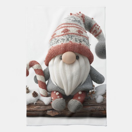 Schattigee Christmas Gnome met een snoepriet op ee Theedoek (Verticaal)